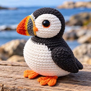 May include: A crochet puffin toy featuring a black and white body, a large black eye, and a multi-colored beak with segments of bright orange, yellow, and gray. The bird has small, textured orange feet and a rounded, plush appearance.