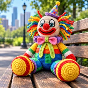May include: A crocheted clown doll featuring a beige face, a red nose, and a wide smile. It wears a purple polka-dot cone hat, a pink bow tie with green ribbons, and a colorful outfit with yellow, red, blue, and green yarn segments.