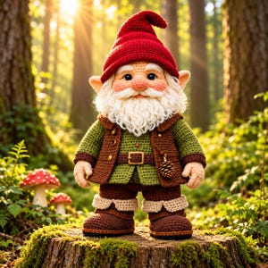 May include: A crocheted gnome doll featuring a pointed red hat, a long white beard, a green tunic, a brown vest with a small pinecone charm, and brown boots. The figure has a peach-colored face and stands on a textured tree stump.