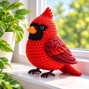 May include: A crocheted cardinal bird figurine featuring a bright red body, a black face mask around the eyes, a pointed crest on the head, a small orange beak, and dark brown feet. The plush bird has a textured yarn surface.