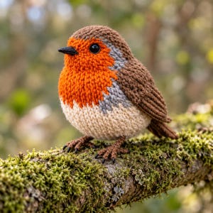 May include: A crocheted robin bird figurine featuring a bright orange chest, brown wings and head, a cream-colored belly, and a small black beak. The bird has dark, round eyes and brown crocheted feet with black claws, standing upright.