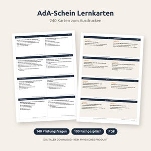 May include: A digital set of 240 AdA-Schein study cards for printing, featuring 140 exam questions and 100 professional discussion topics. The cards are organized in a grid with dark blue headers and white text, presented as a PDF download.