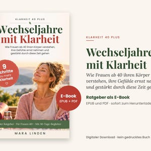 Könnte beinhalten: Ein E-Book mit dem Titel Wechseljahre mit Klarheit von Mara Linden, das ein Coverbild einer Person im Freien zeigt. Der Text enthält 9 Schritte zu mehr Klarheit, Ratgeber als E-Book und EPUB + PDF. Das Design verwendet dunkelgrüne und rote Akzente.