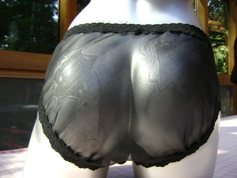 Black Silk Lingerie Panty in Black Iridescent Silk Chiffon with Black Stretch Lace Trim