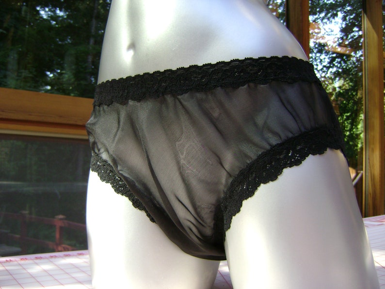 Black Silk Lingerie Panty in Black Iridescent Silk Chiffon with Black Stretch Lace Trim