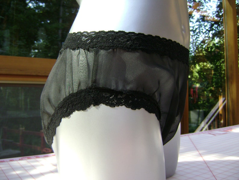 Black Silk Lingerie Panty in Black Iridescent Silk Chiffon with Black Stretch Lace Trim