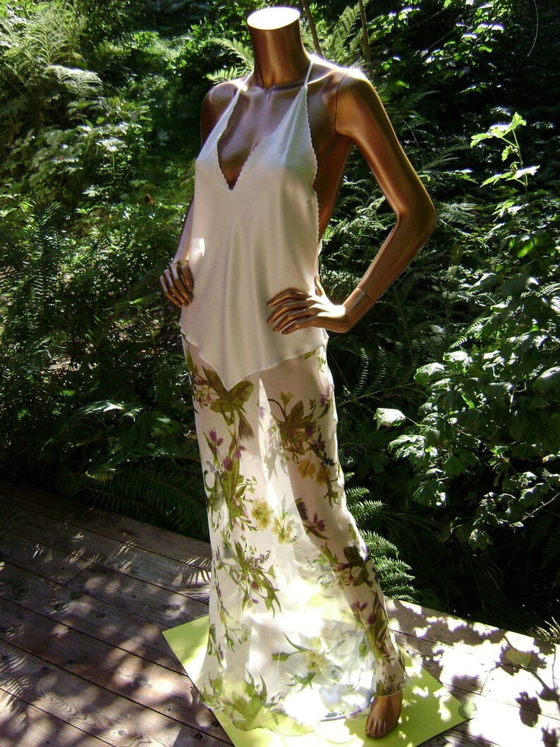 White Silk Lingerie Gown Adrianna Natural White Silk Charmeuse /& Floral Print Silk Chiffon Gown