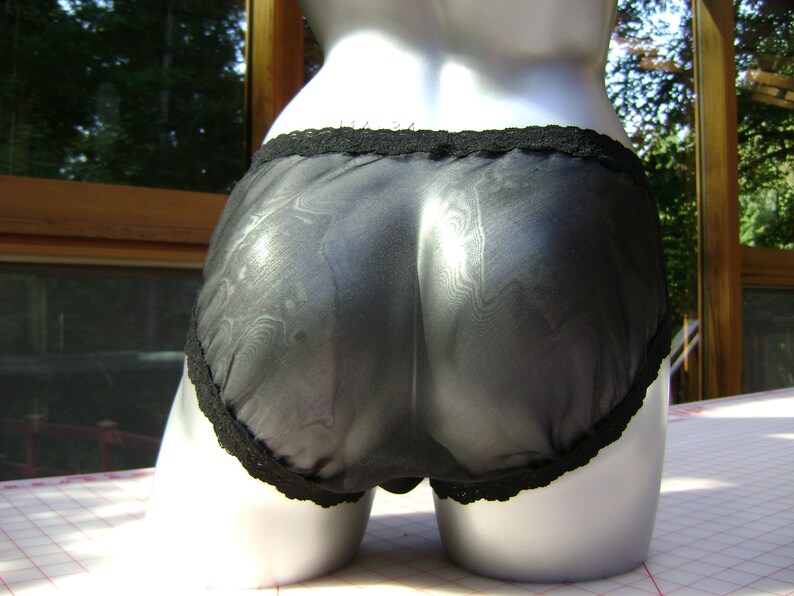 Black Silk Lingerie Panty in Black Iridescent Silk Chiffon with Black Stretch Lace Trim