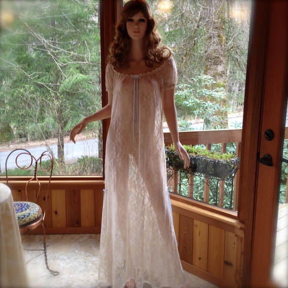 Champagne Lace Floor Length Nightgown With Floral Lace And Silk Ribbon Trim