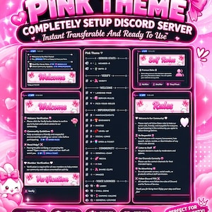 Pode incluir: Uma exibição gráfica digital para um modelo de servidor Discord com um tema rosa e detalhes em neon. O layout inclui cabeçalhos de texto como PINK THEME, Welcome, Self Roles e Rules, além de várias listas de canais e ícones.