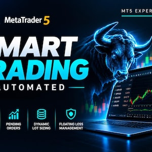 Könnte beinhalten: Eine digitale Grafik mit einem Laptop, der Handelscharts anzeigt, einem leuchtend blauen Stier und dem Text MetaTrader 5, SMART TRADING AUTOMATED, MT5 EXPERT ADVISOR, FIBONACCI GRID, PENDING ORDERS, DYNAMIC LOT SIZING und FLOATING LOSS MANAGEMENT.