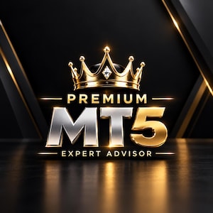 May include: A gold crown sits atop the text PREMIUM MT5 EXPERT ADVISOR. The letters MT are silver with a metallic finish, while the number 5 and the crown are gold. The design features sharp, clean lines and a polished, reflective surface.