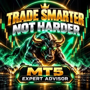 Könnte beinhalten: Eine digitale Grafik mit einem stürmenden Stier mit leuchtend grünen Augen vor einem dunklen Hintergrund mit grünen Lichteffekten. Der Text lautet TRADE SMARTER NOT HARDER und MT5 EXPERT ADVISOR in goldener und weißer Schrift mit einer Krone.