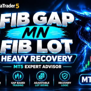 Könnte beinhalten: Eine digitale Grafik für MetaTrader 5 mit dem Text FIB GAP MN FIB LOT HEAVY RECOVERY MT5 EXPERT ADVISOR. Das Design zeigt einen leuchtend blauen Stier, aufsteigende Kerzendiagramme und vier kreisförmige Symbole für Fibonacci-Strategie, Gap-basierten Handel, anpassbare Lotgrößen und Wiederherstellungslogik.