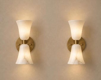 Alabaster Wall Sconce, Solid Brass Vanity Light, Mid Century Modern Marble Wall Lamp