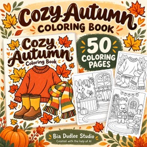 Pode incluir: Um livro de colorir Cozy Autumn com 50 páginas. A capa apresenta um suéter castanho, botas amarelas e castanhas e um cachecol às riscas rodeado por folhas de ácer cor de laranja. Duas páginas interiores mostram desenhos de um coelho e um urso.