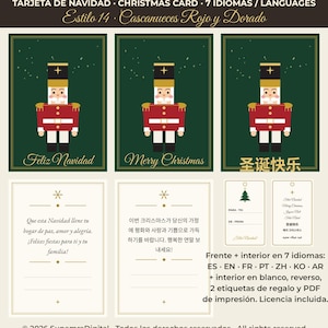 Puede incluir: Un juego de tarjetas de Navidad con una ilustración de un cascanueces rojo y dorado sobre un fondo verde oscuro. Las tarjetas incluyen saludos navideños en varios idiomas, plantillas de texto interior y dos etiquetas de regalo doradas.