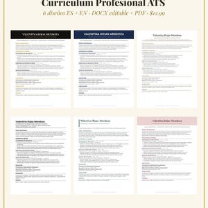 Puede incluir: Una colección digital de seis plantillas de currículum profesional tituladas Currículum Profesional ATS de SunamraDigital. El conjunto incluye archivos DOCX y PDF editables con varios diseños y texto en español.