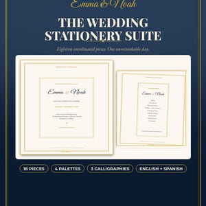 Puede incluir: Un conjunto de plantillas digitales de papelería de boda de Sunamradigital, colección Insignia. El diseño incluye tarjetas de color crema con bordes dorados, tipografía elegante con serifa y manuscrita, con el texto Emma y Noah.