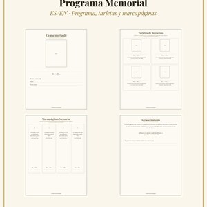 Puede incluir: Un conjunto de plantillas digitales para programa conmemorativo de SunamraDigital con cuatro páginas: programa, tarjetas de recuerdo, marcapáginas y tarjeta de agradecimiento. El texto incluye 'Programa Memorial', 'En memoria de', 'Tarjetas de Recuerdo', 'Marcapáginas Memorial' y 'Agradecimiento' en negro sobre fondo crema.
