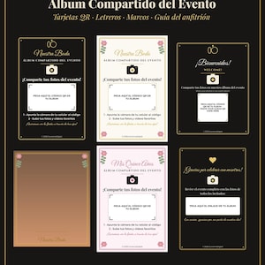 Puede incluir: Una colección de seis plantillas de señalización para eventos de SunamraDigital. Los diseños presentan temas de boda y quinceañera con iconos de cámara, espacios para códigos QR y texto instructivo para álbumes de fotos digitales compartidos.