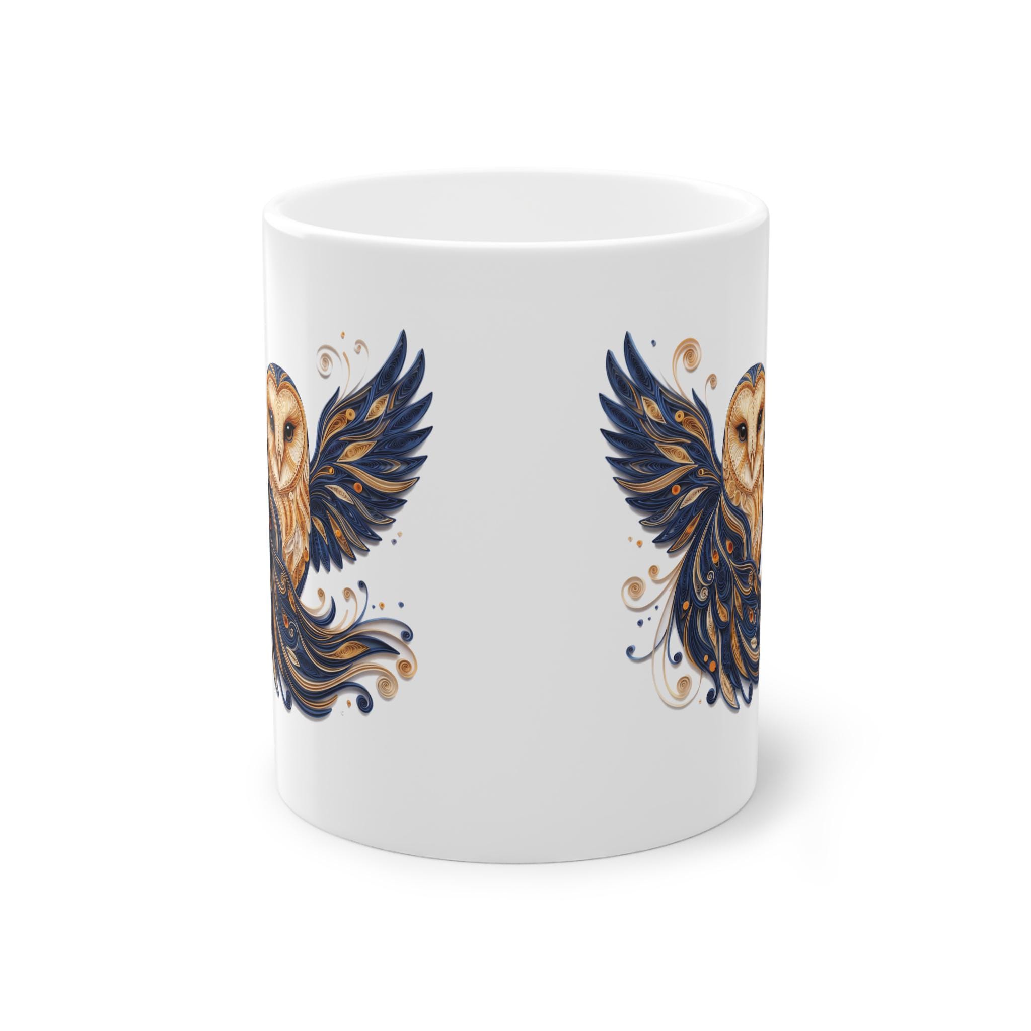 Barn Owl Mug, 3D Quilled Paper Art Coffee Mug, Blue Swirl Barn Owl Gift, Eule Tasse