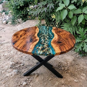 Luxury Round Live Edge Wood Epoxy Resin Dining Table – Custom River Table with Riverstone's