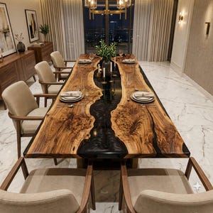 May include: A long rectangular dining table featuring two natural live-edge wood slabs joined by a central black resin river inlay. The table is surrounded by six upholstered armchairs with wooden frames, set for dining with white plates and napkins.
