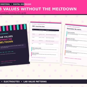 May include: A 14-page printable nursing study guide titled Lab Values Without The Meltdown. The document features a dark cover with pink and teal accents, and two interior pages displaying medical lab value charts and electrolyte data.