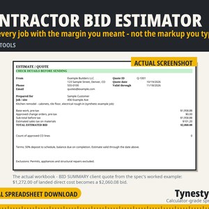 May include: A digital Contractor Bid Estimator spreadsheet template by TynestyTools. The image displays a white document titled Estimate/Quote with fields for contact info, job site, and financial totals, including a total estimated bid of $2,060.08.
