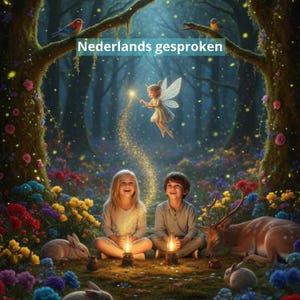 Può includere: Un'illustrazione digitale che mostra due bambini seduti in una foresta fiorita con lanterne, una fata alata che sparge scintille dorate, un cervo e dei conigli. Il testo "Nederlands gesproken" è centrato nella parte superiore.