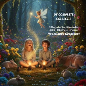 May include: A digital illustration featuring a fairy with glowing wings hovering above a girl and boy sitting in a forest. Text reads: DE COMPLETE COLLECTIE, 5 Magische Bedtijdverhalen, MP3 + MP4 Video + Posters, Nederlands Gesproken.