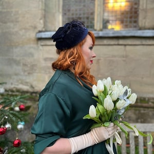 Vintage formal hat, dark navy colour velvet hat, races hat, wedding hat, Ascot hat, church hat, pillbox hat