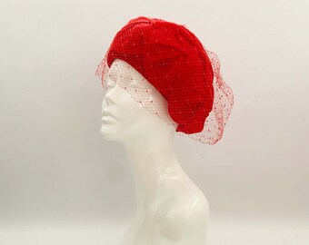 Vintage Red Velvet Beret Hat: Veiled Ascot Races Hat, Made in England