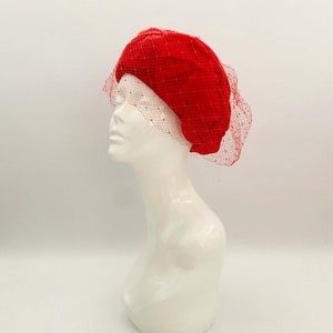Vintage formal hat, burlesque hat, races hat, wedding hat, Ascot hat, church hat,  50s hat, red beret, veiled beret, velvet beret
