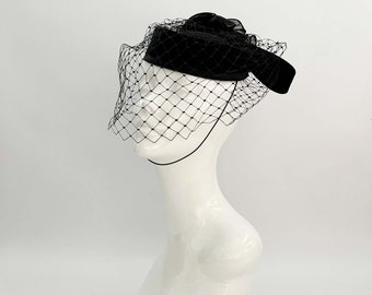 Vintage formal hat, black velvet hat, races hat, wedding hat, Ascot hat, church hat, funeral, burlesque hat