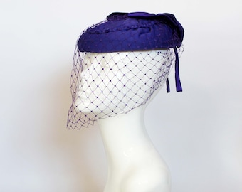 Vintage Purple Pillbox Hat: Formal Occasion Veil Hat, Made in England