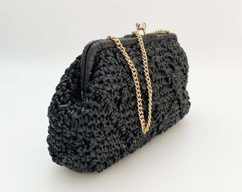 Vintage evening handbag, black handbag, black bag, crocheted purse, crocheted handbag, vintage purse, vintage bag