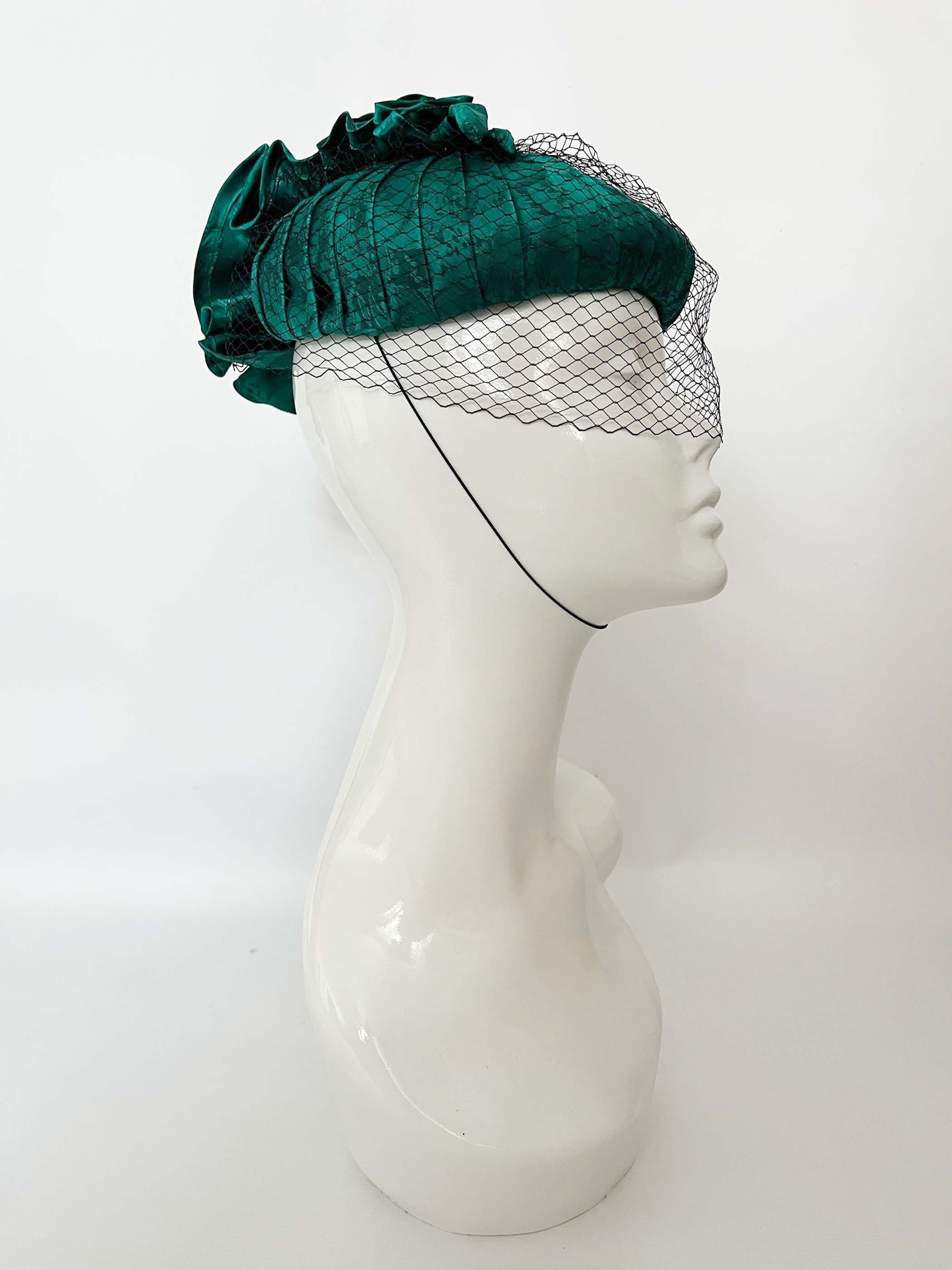 Vintage Wool Pillbox Hat Green Veil Jackie O Style Wedding Church Fascinator NWT Black Pillbox Hat With Birdcage Fascinator Veil Black Wool  main image 2