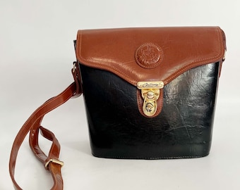Vintage Leather Satchel Bag: 90s Black & Brown Purse, Made in England