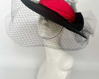 Handmade Derby Black Fascinator Hat with Red Feather Accent Black Fascinator Hat Beige Red Details Mother of Bride Groom  main image 3