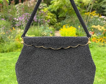 Beaded Vintage 1950s Handbag: Black Evening Bag, Made in England