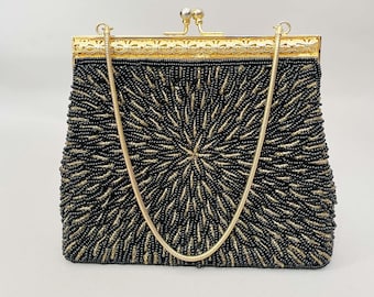 Beaded vintage 1950s handbag: black evening bag, Made in England