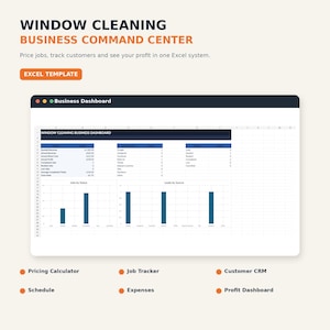 May include: A digital Excel template titled Window Cleaning Business Command Center. The interface displays a business dashboard with data tables for revenue, job status, and lead sources, including bar charts for visual tracking of business metrics.