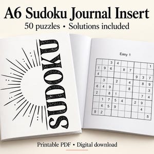 Könnte beinhalten: A6 Sudoku Journal-Einlage mit 50 Rätseln und Lösungen. Das Cover zeigt den Text Sudoku mit einer Sonnenstrahl-Grafik. Die offene Seite zeigt ein mit Zahlen gefülltes Gitter mit der Beschriftung Easy 1. Der Text Printable PDF und Digital download ist sichtbar.