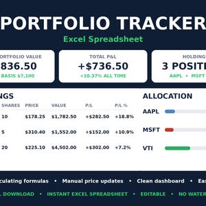 May include: A digital portfolio tracker Excel spreadsheet dashboard on a dark background. It displays total portfolio value of $7,836.50, total P&L of +$736.50, and 3 positions including AAPL, MSFT, and VTI with detailed ticker data and allocation percentages.