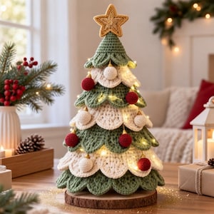 May include: A crocheted Christmas tree with alternating green and white scalloped layers, topped with a tan star. The tree is decorated with small red and white crocheted spheres and wrapped in thin, glowing string lights on a wood base.