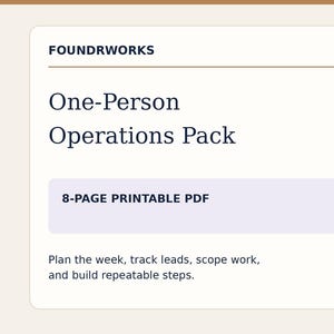 May include: A rectangular document titled FOUNDRWORKS One-Person Operations Pack. It features an 8-PAGE PRINTABLE PDF label and text stating: Plan the week, track leads, scope work, and build repeatable steps. The design uses dark text on a light background.