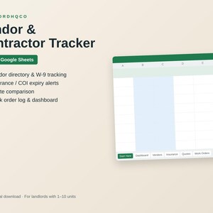 Landlord Vendor and Contractor Tracker Spreadsheet | Work Order Log, W-9 & Insurance COI Tracker | Excel Google Sheets Rental Template