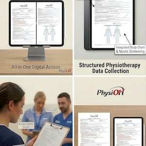 May include: A digital physiotherapy assessment bundle featuring a tablet displaying forms with text, body charts, and neuro screening sections. The set includes printable documents and tablet-friendly files for structured clinical data collection.